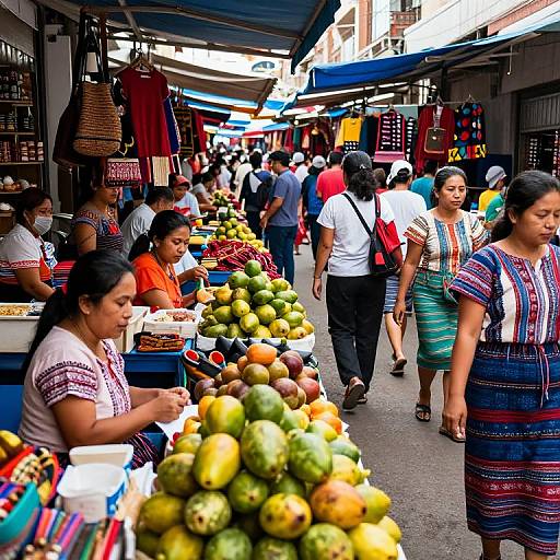 Photograph of bustling outdoor market: women in colorful traditional dresses, selling and buying fresh fruits, surrounded by shoppers under blue canopies.