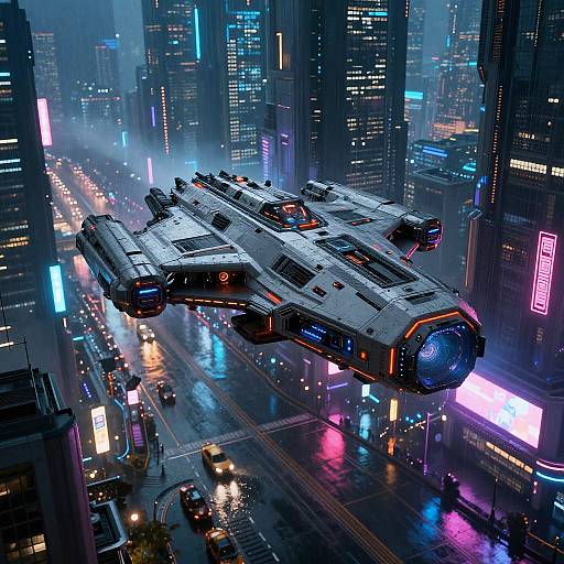 CGI image of a futuristic, silver spaceship with neon accents flying over a vibrant, neon-lit cityscape at night.