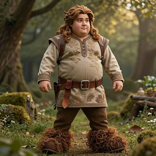 Photograph of a chubby, young boy with long brown hair, wearing medieval fantasy attire, standing in a sunlit forest path.