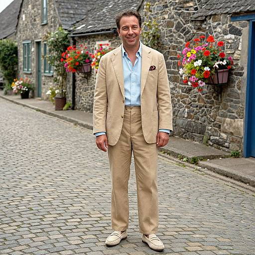 Photograph of a smiling middle-aged man in a beige suit, white shirt, standing on a cobblestone street with stone buildings and vibrant flower boxes
