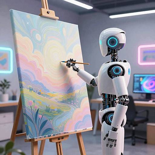 Photograph of a white, glowing humanoid robot painting a vibrant, abstract landscape on an easel in a modern, brightly lit studio.