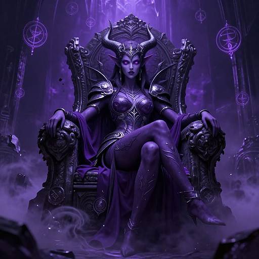 Digital art: Dark purple-hued demonic queen with horns, armored dress, and crown, seated on ornate throne, surrounded by magical orbs.