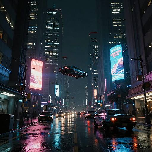 Neon-lit, rainy, urban night scene photograph of a busy city street with a car mid-air, illuminated billboards, and reflections on wet