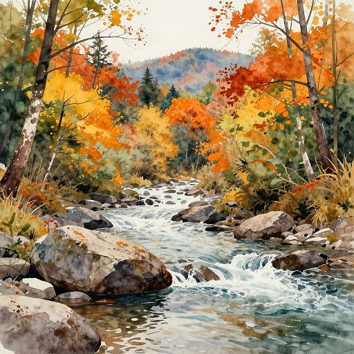 Autumn River Watercolor Landscape