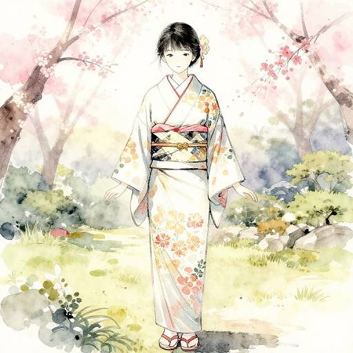 Digital watercolor of a Japanese woman in a floral kimono standing in a cherry blossom garden, with soft pastel colors and delicate brushstrokes.