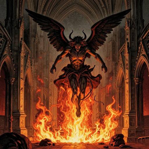 Digital artwork of a muscular, horned demon with black wings, emerging from fiery inferno in a gothic cathedral. Flames illuminate dark, intricate architecture