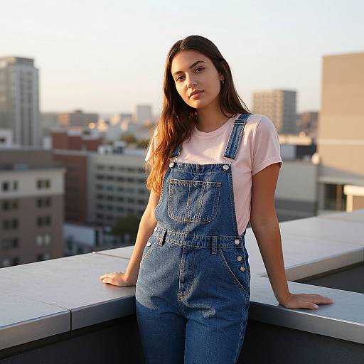 Photograph of a young woman with long brown hair, wearing blue denim overalls and a pink shirt, leaning on a rooftop ledge with a city skyline
