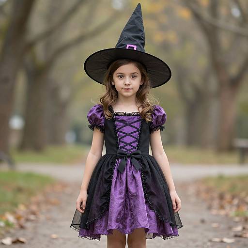 Photograph of a young girl with long brown hair, wearing a black witch hat and purple-black Halloween dress, standing on a leaf-strewn path