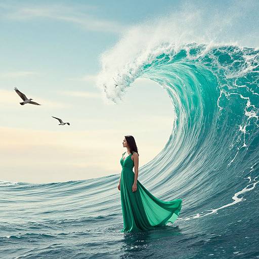 Digital art: Silhouetted woman in flowing green dress stands in ocean, facing massive turquoise wave, two birds flying left. Bright, dynamic colors