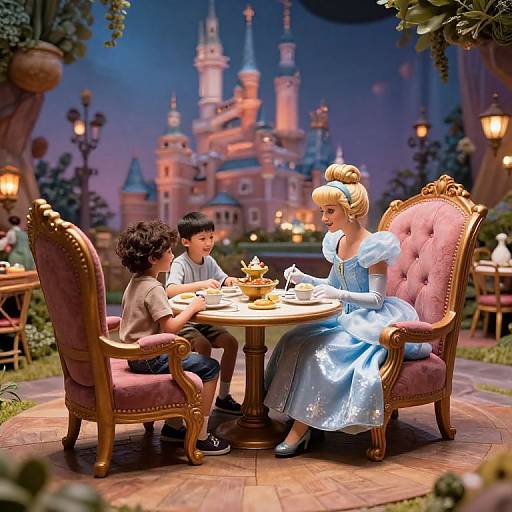 Photorealistic digital artwork of a princess in a blue dress and a young boy having tea in ornate chairs, with a fairy-tale castle backdrop
