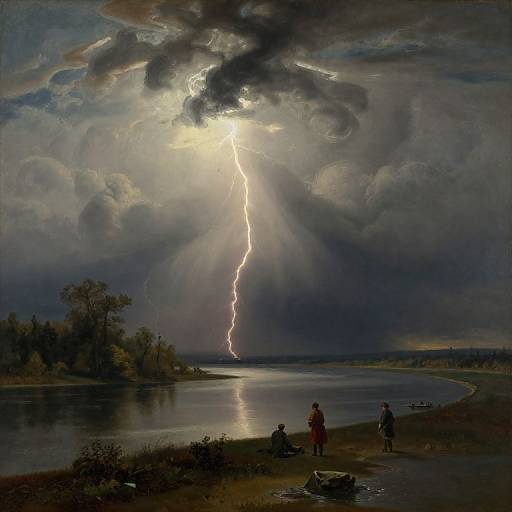 Dramatic landscape painting of a stormy sky with a bright lightning bolt piercing through dark clouds over a reflective lake. Figures stand on the shore,