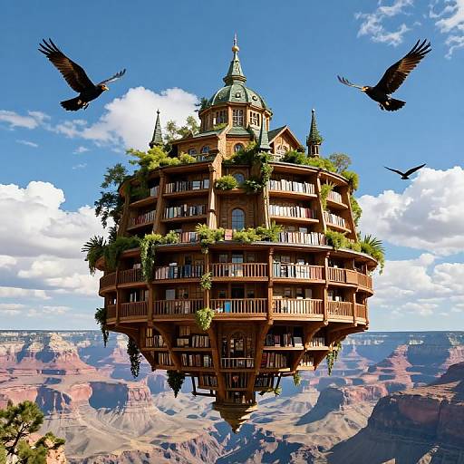 Digital art of a floating, wooden, multi-story house with greenery, domed roof, and balconies, surrounded by flying black ravens,