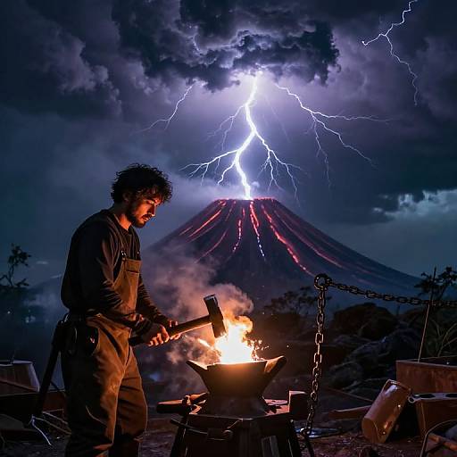 Photograph of a bearded blacksmith in brown overalls, hammering near a blazing forge, with a lightning-struck volcanic mountain in the storm
