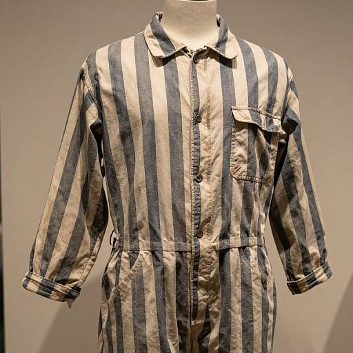 Photograph of a vintage blue and white striped button-up shirt with a chest pocket and belt, displayed on a neutral-colored mannequin.
