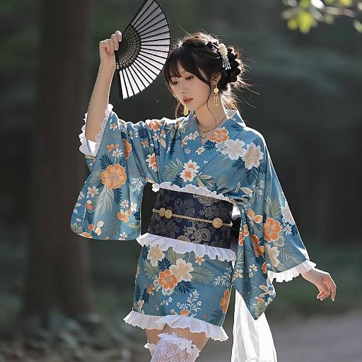 Elegant Asian Woman in Floral Kimono