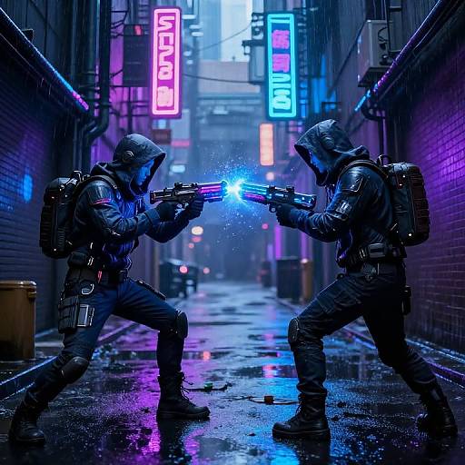 Cyberpunk alleyway: Two hooded, armored shooters in rain, aiming glowing blue guns; neon signs glow pink, blue, purple; wet
