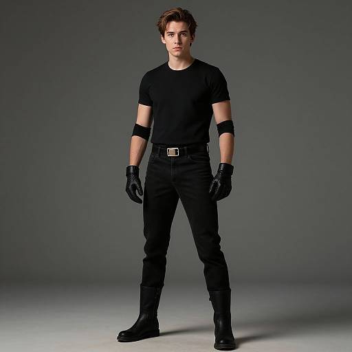 Photograph of a young white man with short brown hair, wearing a black t-shirt, pants, gloves, arm band, belt, and boots,