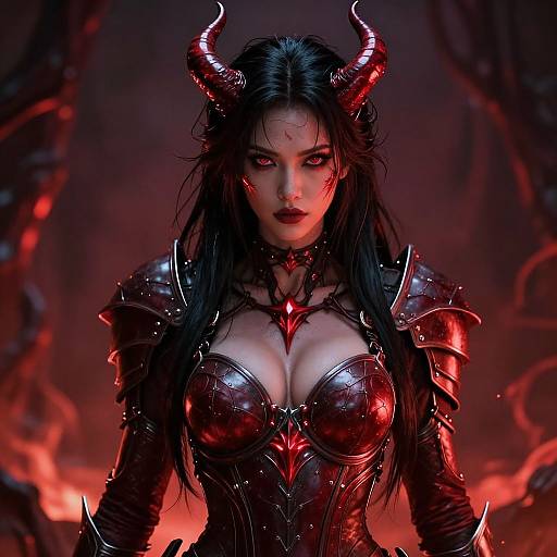 Digital artwork of a fierce, dark-haired demon woman with red horns, red armor, and glowing red eyes, standing in a fiery, smoky background