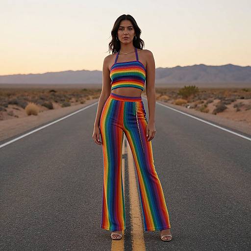 Photograph of a woman with dark wavy hair wearing a rainbow-striped crop top and high-waisted flared pants, standing on a desert road