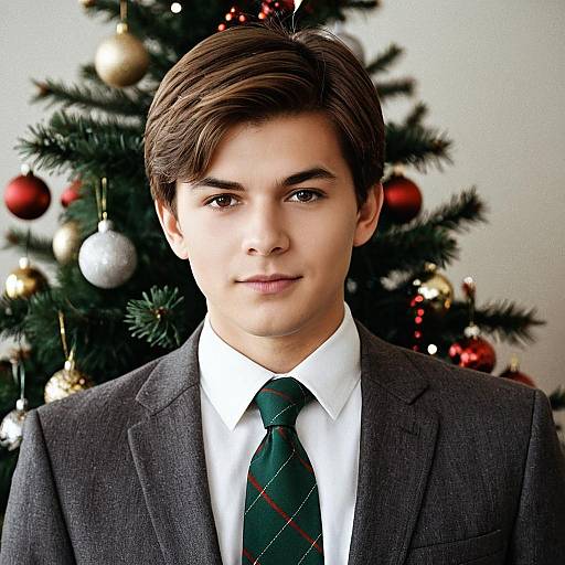 Young Man in Suit by Christmas Tree
