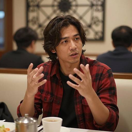 Man Gesturing in Restaurant