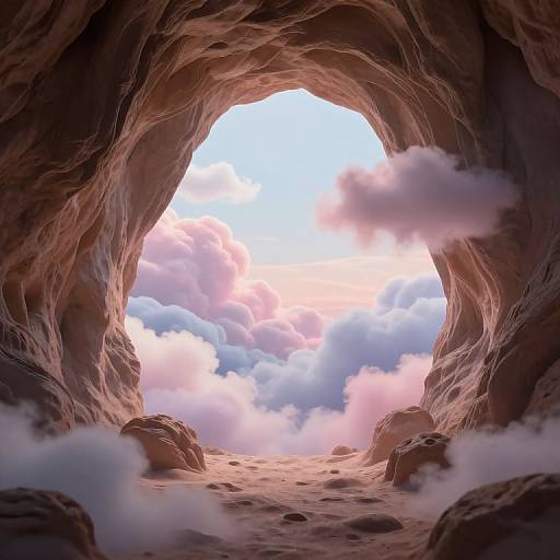 Photorealistic CGI image of a rocky cave mouth opening to a bright sky filled with fluffy pink and white clouds.