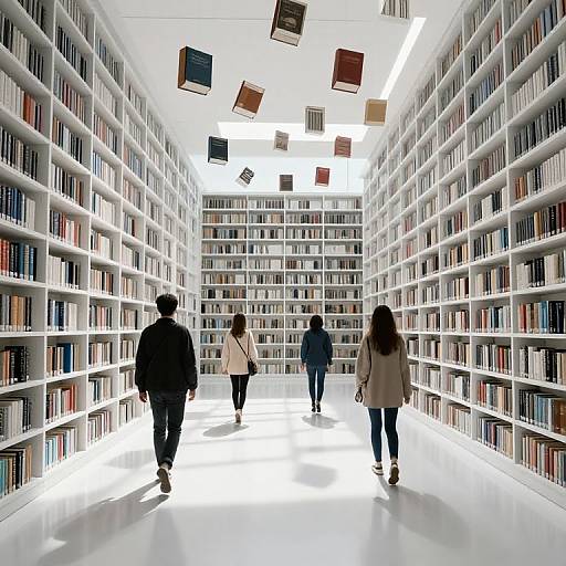 Photograph of four people walking down a brightly lit, white-walled library aisle, surrounded by tall shelves filled with books, with floating book covers overhead