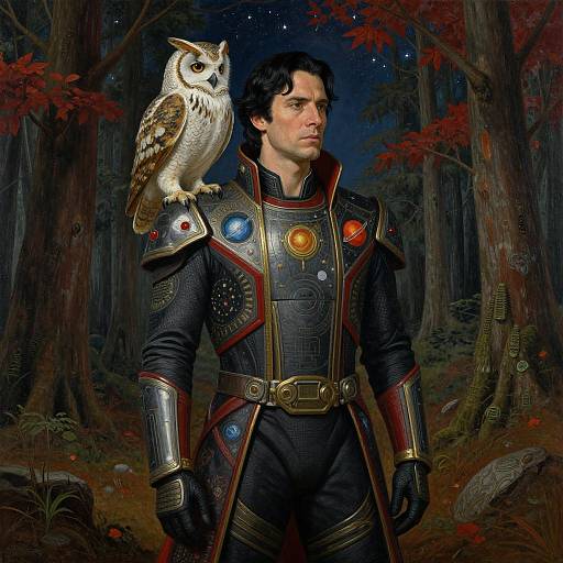 Digital fantasy artwork of a serious dark-haired man in ornate armor with colorful gems, standing in a moonlit forest, with a white owl perched