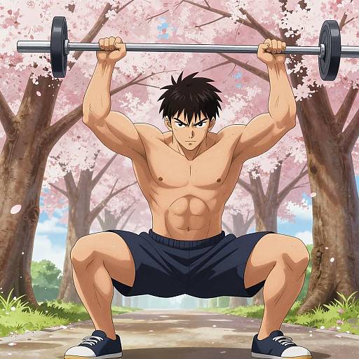 Anime Muscular Workout Under Cherry Blossoms