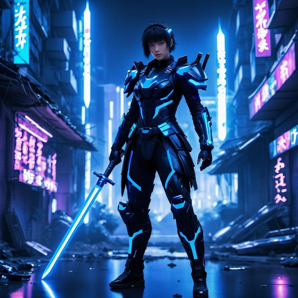 Futuristic Warrior in Ruined City Scene