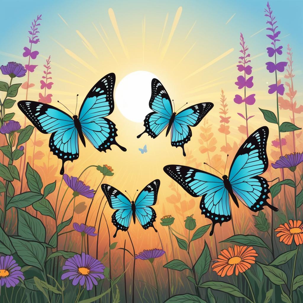 Colorful Butterflies in Sunlit Wildflower Scene