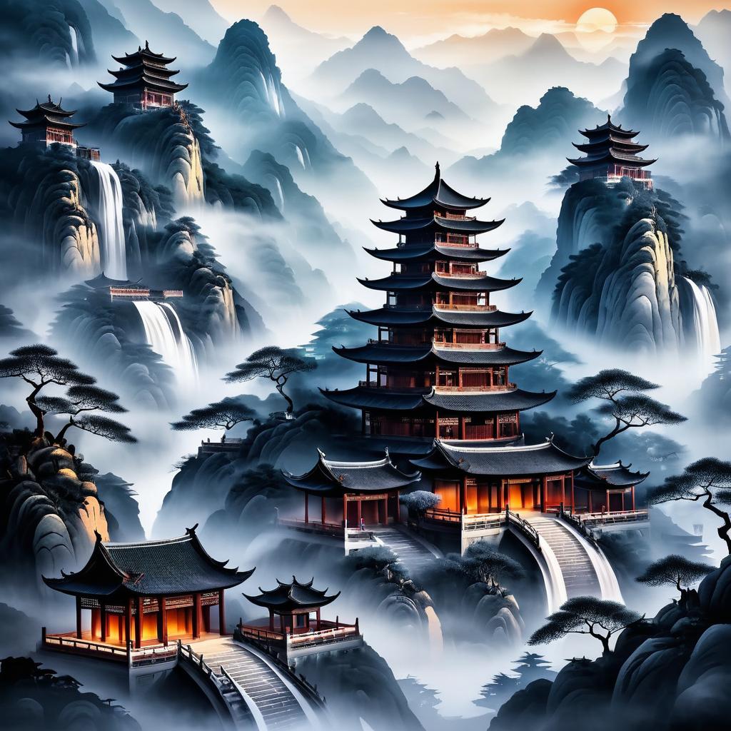 Misty Mountains and Ancient Temples Artwork