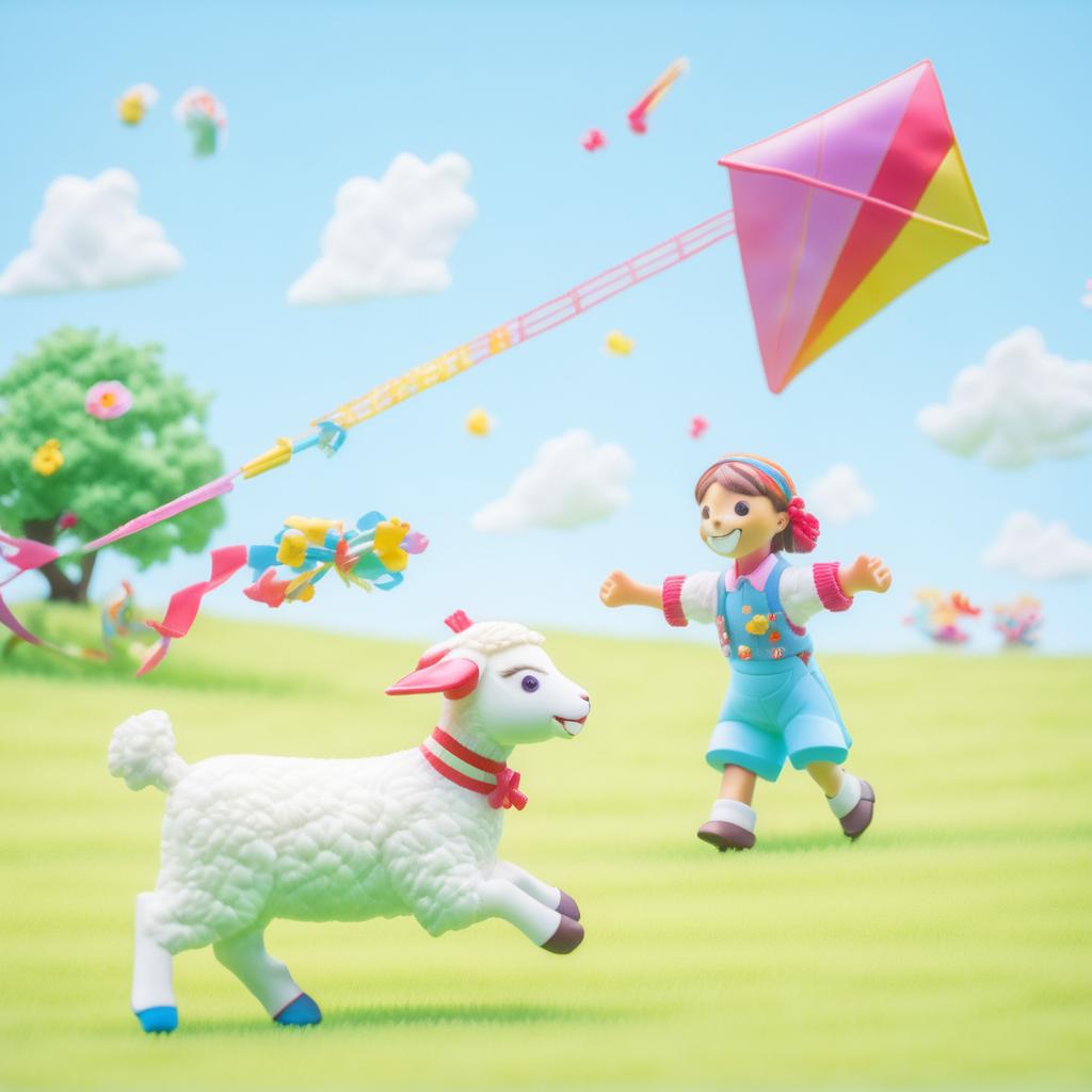 Playful Lamb Chasing a Colorful Kite