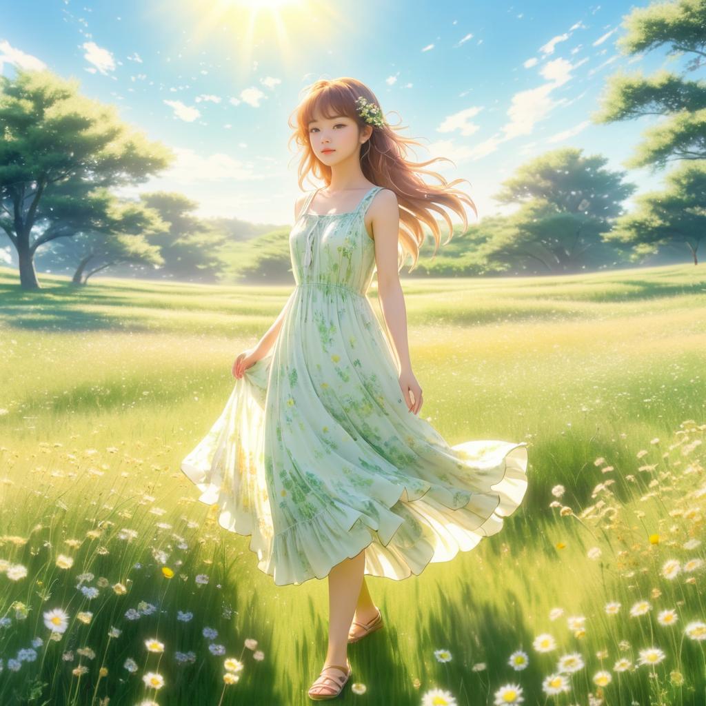 Dreamy Young Woman in Sunlit Meadow