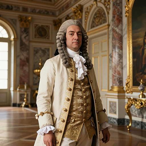 Photograph of an 18th-century man in ornate, gold-trimmed white outfit with powdered wig, standing in a grand, opulent