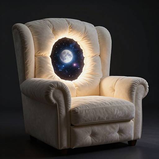 Photograph of a plush, cream-colored armchair with a glowing, cosmic-patterned orb illuminated in its center, against a dark background.