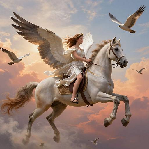 Digital artwork of a winged, white-robed woman riding a white horse with wings, surrounded by flying birds, against a sunset sky.