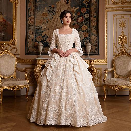 Photograph of a fair-skinned woman with dark hair in a vintage, ivory lace wedding gown, standing in an ornate, gold-accented