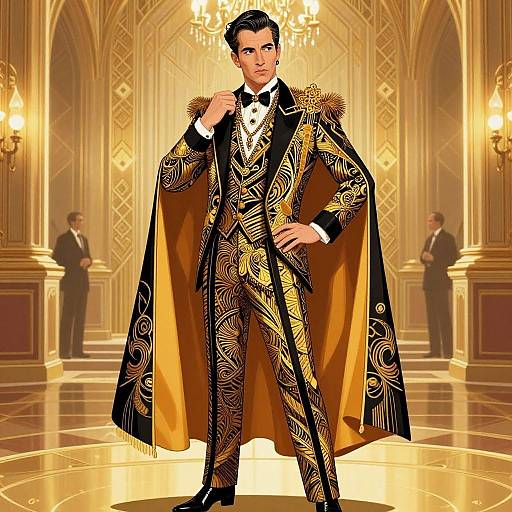 Digital artwork of a confident man in an ornate, gold and black patterned tuxedo and cape, standing in an opulent, golden-h