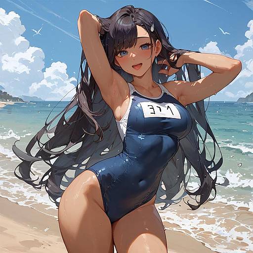 Anime Girl in School Swimsuit at the Beach