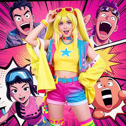 Colorful anime-style drawing of a blonde girl with twin pigtails, yellow star shirt, pink shorts, and sunglasses, surrounded by excited characters.