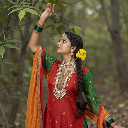 Indian Woman in Traditional Folk Dance Attire in Forest
