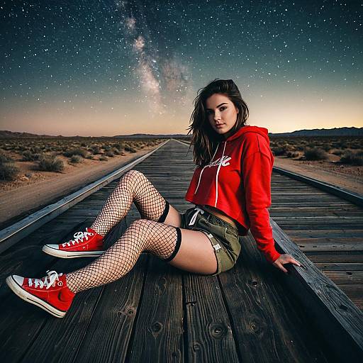 Young Woman in Fashion Outfit on Desert Boardwalk at Night