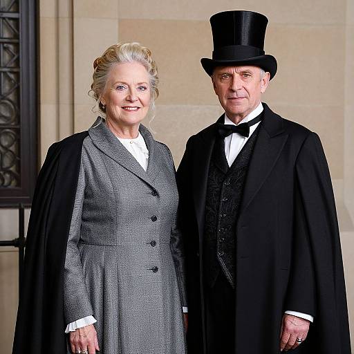 Photograph of elderly white couple; woman in grey coat and black cape, white hair; man in black top hat, black suit with vest, black