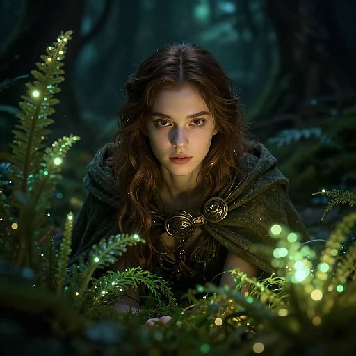 Photograph-style digital artwork of a young woman with long, wavy brown hair, wearing a dark green cloak, surrounded by glowing green fairy lights in