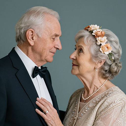 Photograph of an elderly couple, man in black tuxedo, woman in sparkly beige dress with flower crown, gently gazing at each other