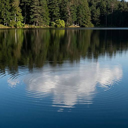 Photograph of a serene lake with a circular ripple reflection of a cloudy sky, bordered by dense, green forest.