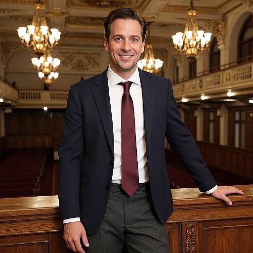Photograph of a smiling, Caucasian man in a black suit, white shirt, and maroon tie, standing in an ornate, chandelier-l