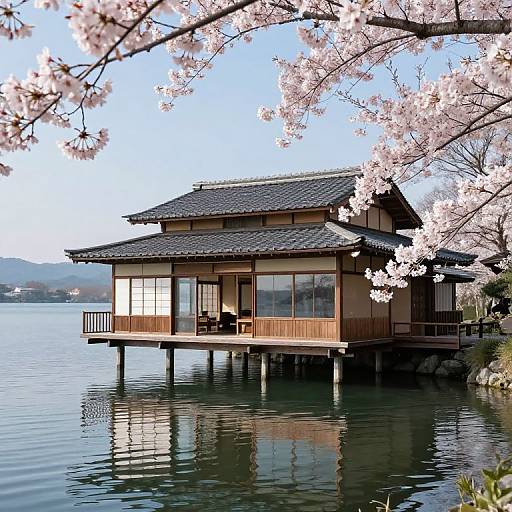 Photograph of a traditional Japanese house with a tiled roof, elevated over calm water, surrounded by blooming cherry blossom trees.