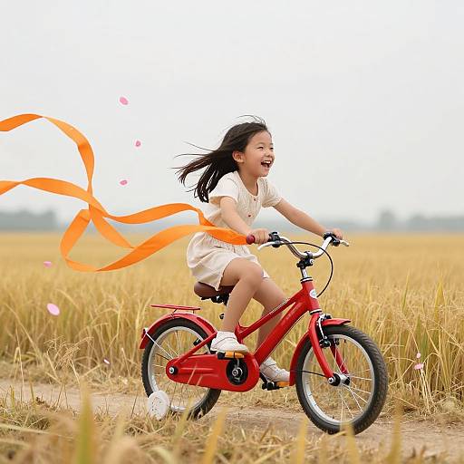 Photograph of a joyful Asian girl with long black hair, wearing a white dress, riding a red bicycle through a golden wheat field, with orange rib
